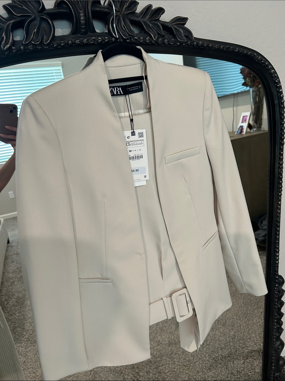 Zara Cream Collarless Tailored Blazer with Belt